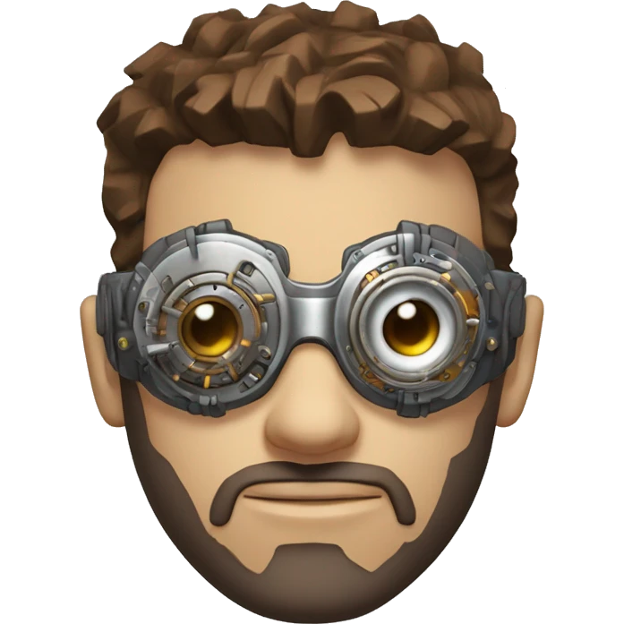 male cyborg head with brown short hair, brown beard, silver steampunk goggles and circuits emoji