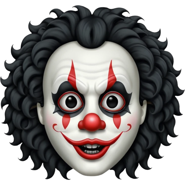 generate white clown mask emoji with a big curly black hair 

black coloured  lips and no teeth, no red nose but instead long and pointy white nose with no nostrils, pitch black eyes with no pupils, no brows emoji