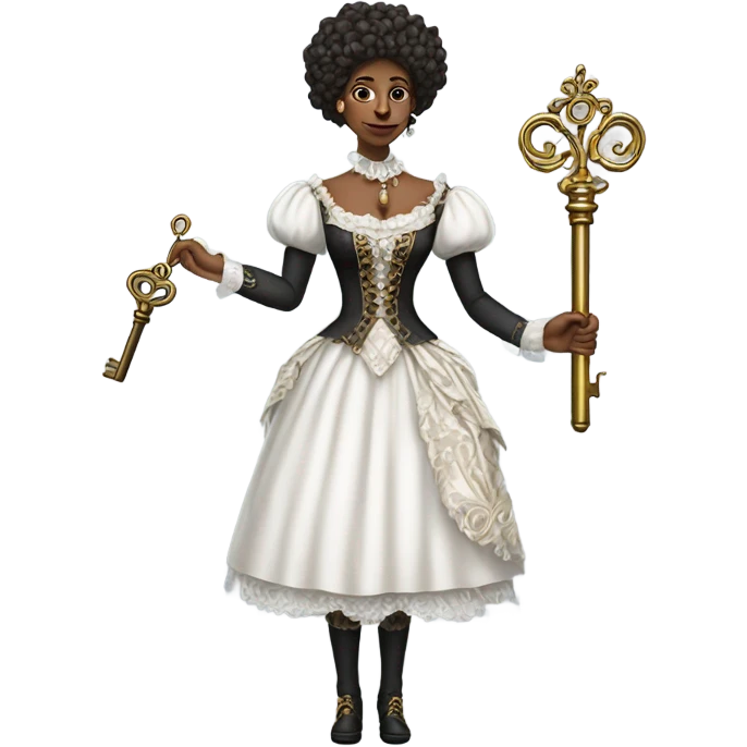 galora, holding a big key in white victorian dress, full body emoji