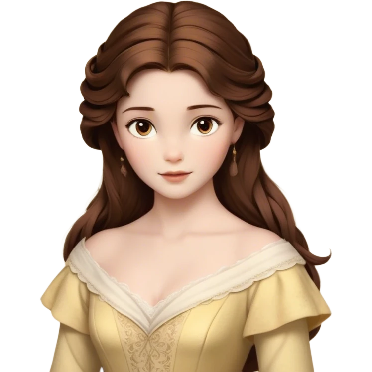 Cinematic Realistic Belle Portrait, depicted with lifelike skin texture, soft natural lighting, and intricately detailed brown hair styled elegantly. Her deep, expressive eyes exude warmth and intelligence, complemented by a serene and graceful expression. She is dressed in her classic attire, with rich fabric textures and delicate folds that catch the light beautifully. The portrait features a soft, enchanting glow with a natural, radiant finish, capturing the essence of timeless beauty in a realistic and painterly style, evoking a sense of depth and authenticity. emoji