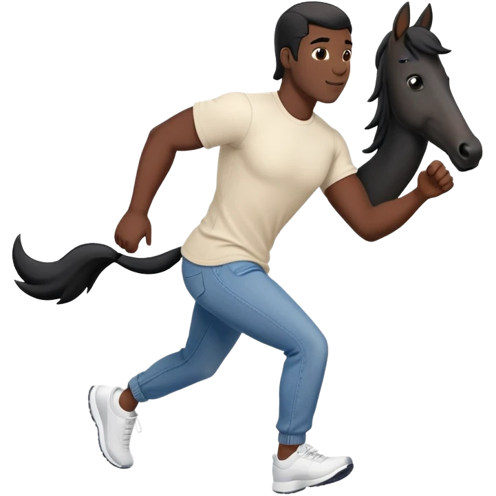 friendly anthropomorphised black stallion in jeans and a t-shirt, jogging upright in standard pose emoji