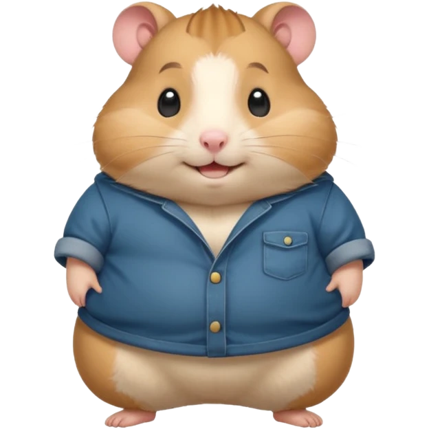 Cute chubby cartoon-style hamster wearing oversized pants that look too big, proud and smiling expression. Painterly shading, white background, sticker-style illustration emoji