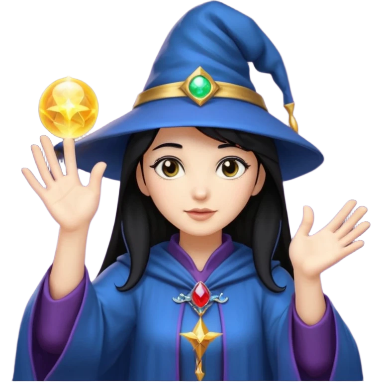 female wizard with black hair under a wizards hat with both hands palm up emoji