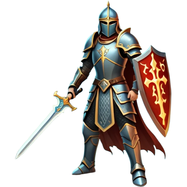 An icon representing RPG, inspired by Elden Ring. The design features a warrior in armor, holding a sword, standing in front of a mystical, dark landscape with glowing runes and a distant castle. The atmosphere evokes epic quests, exploration, and intense battles. Transparent background emoji
