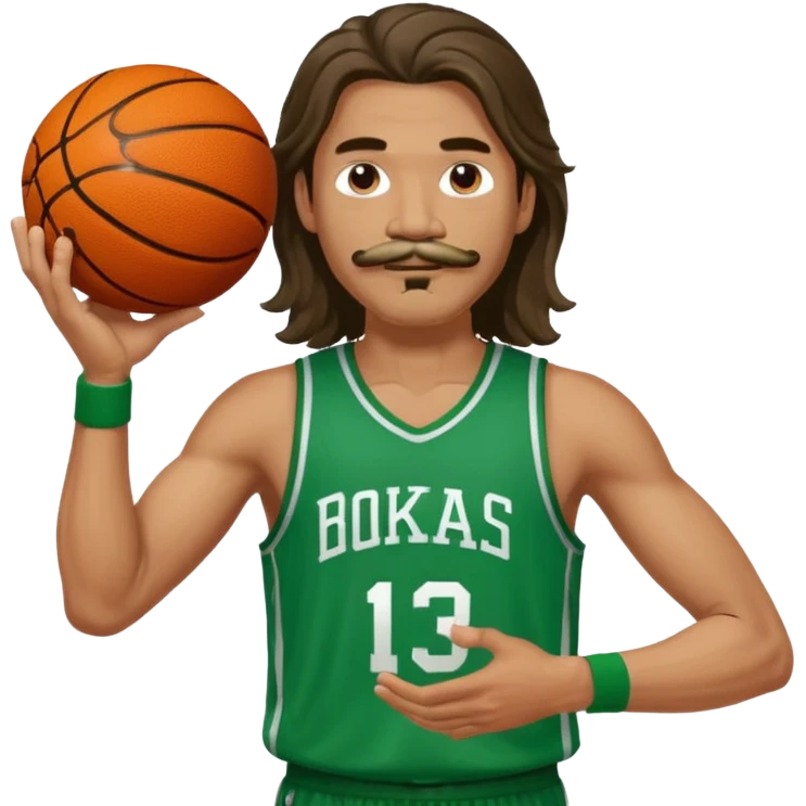 long haired man basketball player green jersey with mustache holding basket ball emoji