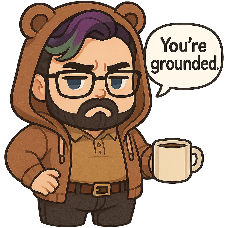 A realism art illustration art style of a plus-sizes man with purple to green ombre streak, black beard, blue eyes, glasses, wearing a bear hoodie with ears,  dressed like a dad, holding a coffee mug, You’re grounded speech bubble, frowning  emoji
