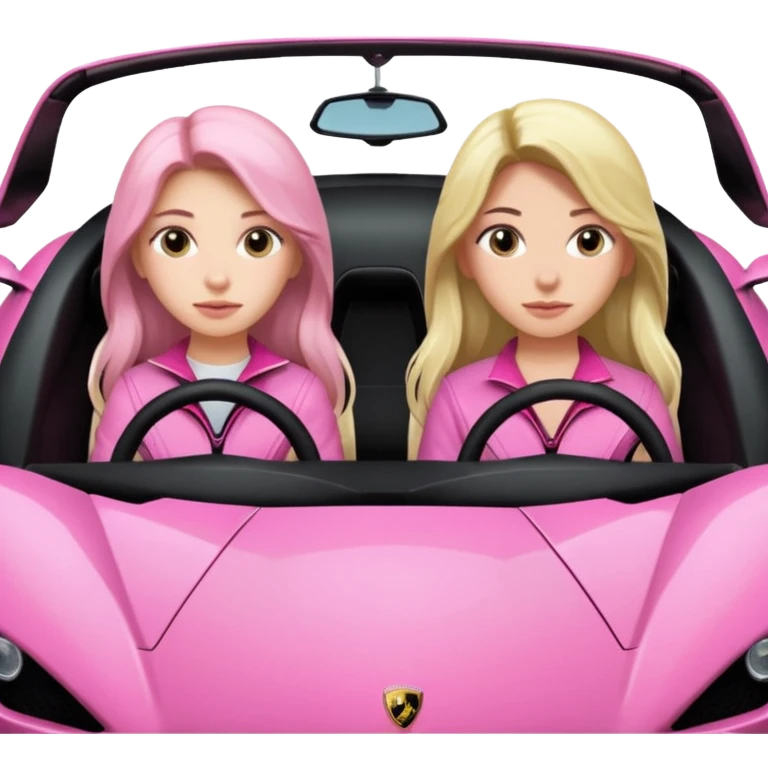 Make car far away so I can see full car Car facing forward in sports car. Make hair long  two girls in car far away Front of car sitting in the seats. Make it a pink sports car. They are two baddies make it a Lamborghini pink car  emoji