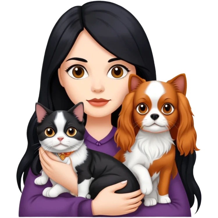woman with long black hair holding an American Shorthair cat and a Cavalier King Charles Spaniel dog emoji