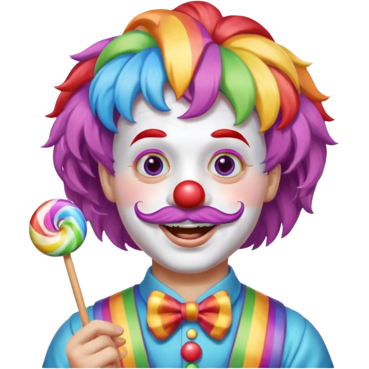 Funny clown — rainbow wig, mustache, candy in hand emoji