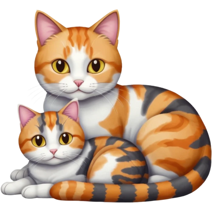 two cats in love, a colourful light patched calico + white tabby cat cuddling a bigger cat that is dark grey and white tabby cat emoji