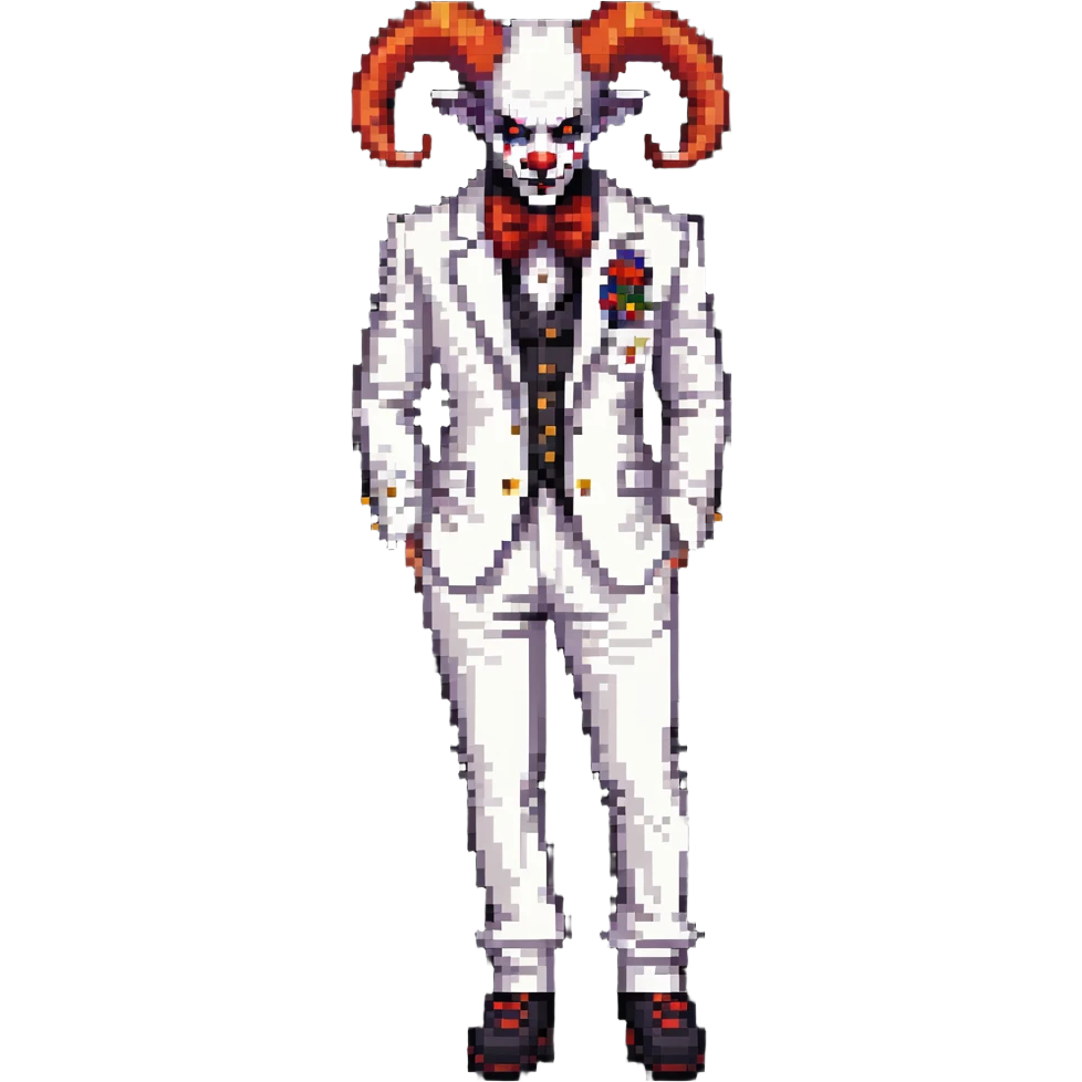 full-body demonic clown in a white leisure suit with bellbottom pants, bald, black ram horns, wearing elevator shoes emoji