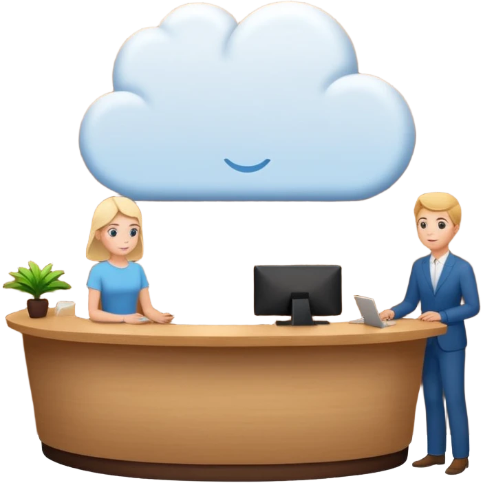 A thinking person with a thought cloud showing a modern hotel reception emoji