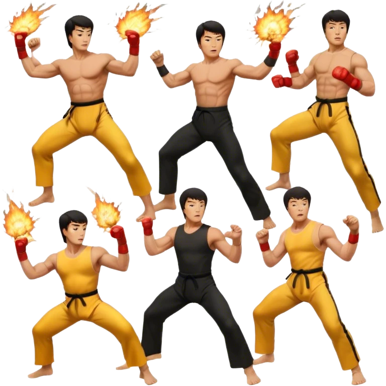 Collage of Arnold Schwarzenegger, Sylvester Stallone, Bruce Lee, and Jackie Chan in intense action poses, surrounded by explosions, martial arts moves, weapons, and fast-paced stunts. The design should capture the high energy and heroism of classic action films. Transparent background. emoji
