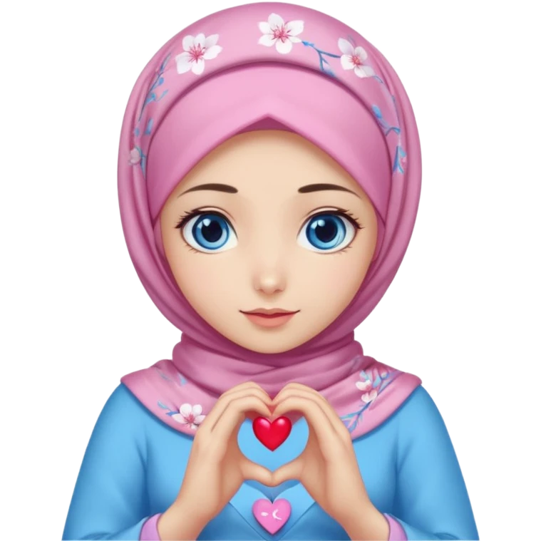 Turkish beautiful finish Konya girl blue eyes with mini cherry blossom hijab and lila blue pink dress and she make heart with hands emoji