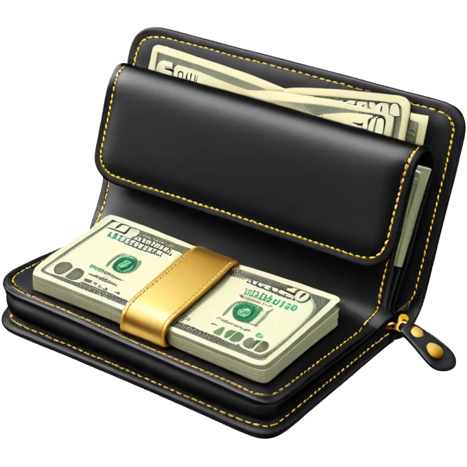 Rich emoji style black leather wallet with dollar bills, luxury money vibe, premium 3D emoji, ultra clean, high detail, no background
 emoji