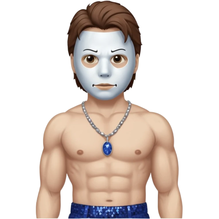 Michael Myers with white mask with brown hair, indigo sequin baggy pants, shirtless with necklace emoji