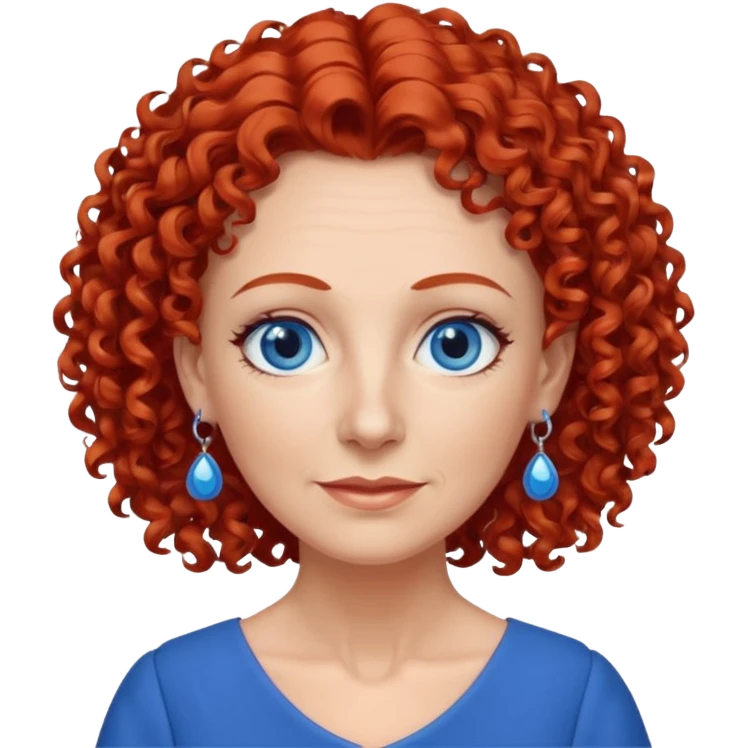 una profesora mayor simpática con el pelo rojo rizado, ojos azules, vestido azul y pendientes azules hablando altura completa emoji