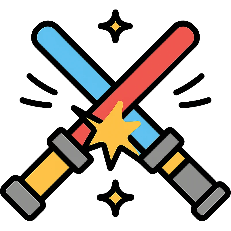 two lightsabers, one blue and one red, clashing with motion lines and sparks emoji