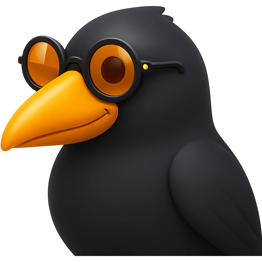 Make the bird emoji more emoji-like but keep the detailed, slightly cartoonish style of the reference. Smooth out the feather texture just a bit, add a subtle emoji shine, and keep the orange beak and round sunglasses. Bird looking to the left. No background. emoji