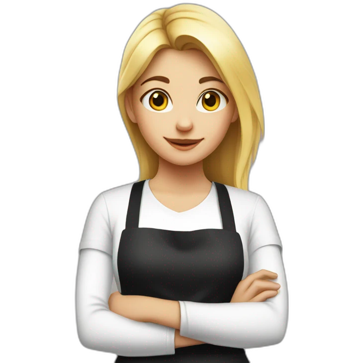 girl in a white T-shirt and a black apron shows a cross with her hands emoji
