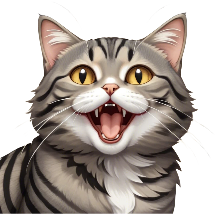Cinematic Cute Yawning Grey and Black Brown Tabby Cat Portrait Emoji, Head tilted slightly with a dramatic, wide-open yawn, sleek grey-brown fur with dark black tabby stripes, sparkling amber eyes barely open, Simplified yet irresistibly adorable features, highly detailed, glowing with a soft, cozy glow, high shine, relaxed yet expressive, stylized with a touch of whimsy, bright and endearing, soft glowing outline, capturing the essence of a sleepy yet affectionate kitty, so drowsy it feels like it could stretch right out of the screen and curl up for a nap! emoji