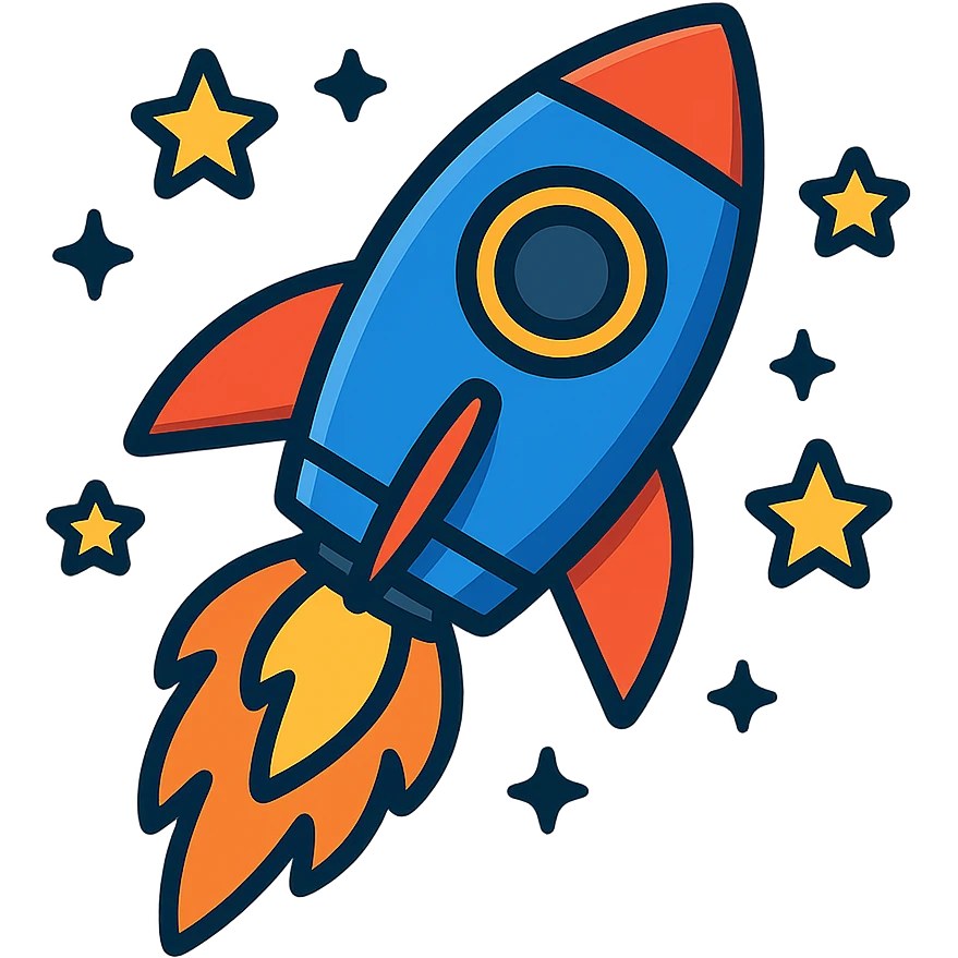 rocket ship with flames and stars around it emoji