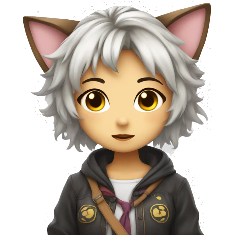 A cheeky cosplay neko girl, not too pretty but kind of adorable, messy hair, cheeky emoji