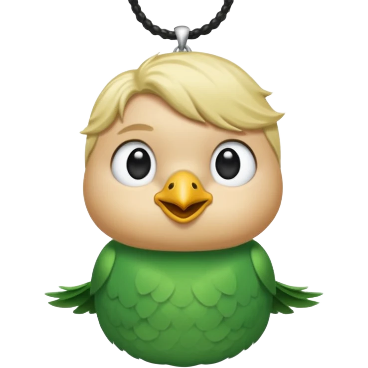 un oiseau classique de profil tout vert et un seul poil blond qui fait une petite bouclette sur le front avec le collier argenté avec des ronds attachés au collier est autour du coup de l’oiseau entre la tête et le corps emoji