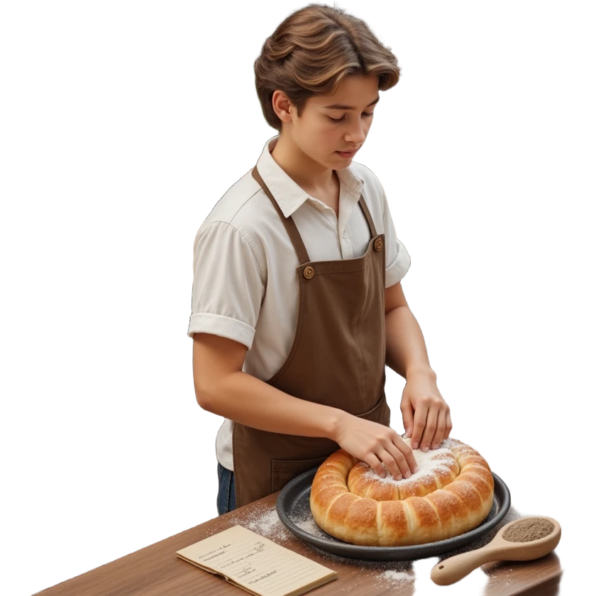 A young apprentice baker in a cozy, old-fashioned bakery. Surrounded by wooden countertops, cast iron baking trays, and a stone oven. His apron is dusted with flour, and analog timers tick beside handwritten recipe cards. The scene is textured with aged wood, metal, and soft fabric. emoji