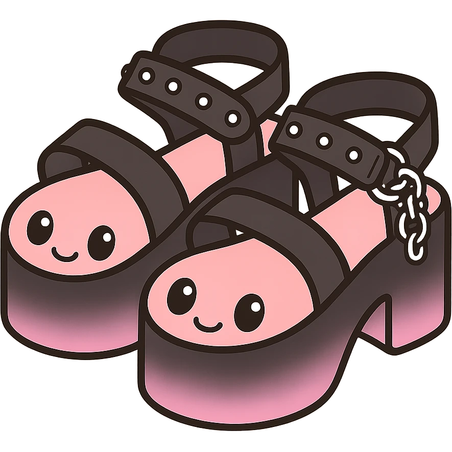Add a gradient effect from black to pastel pink on the platform sandals with silver studs and chains, kawaii style, no socks, no hearts, transparent background emoji