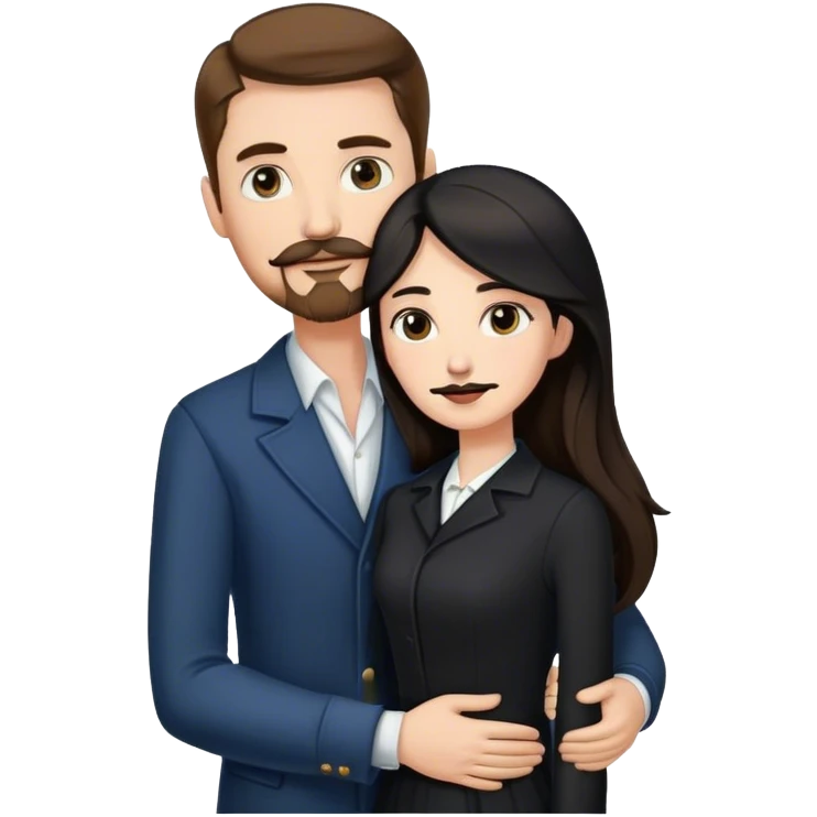 tall white man with brown hair goatee mustache hugging a pale woman with long black hair, wearing elegant clothing emoji