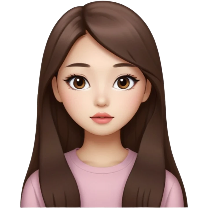 “korean straight long brown hair Emoji girl, soft eyeliner and blush, gradient lips, light brown shimmer eyeshadow emoji