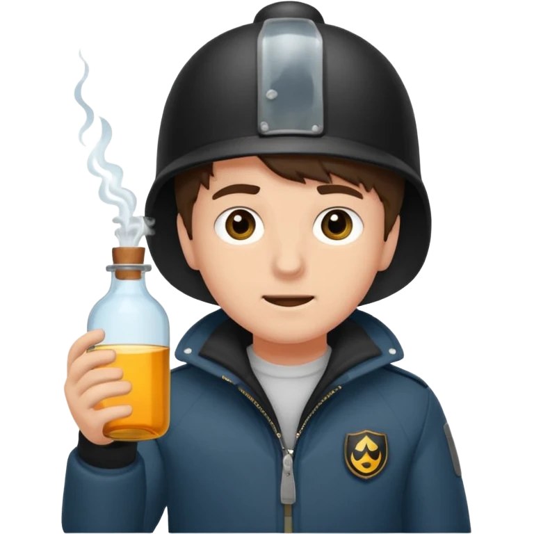 erstell ein bild Von eine jungen der braune augen hat eine sturmhaube trägt und eine Jacky flasche in der Hand hebt plus eine Jacke mit schwarzen fell emoji