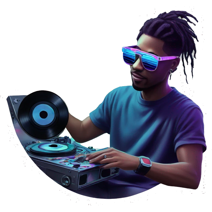 A dj wearing sunglasses playing music holding a cd record record, vinyl, oilslick holographic blacklight inverted graffiti dark dull emoji