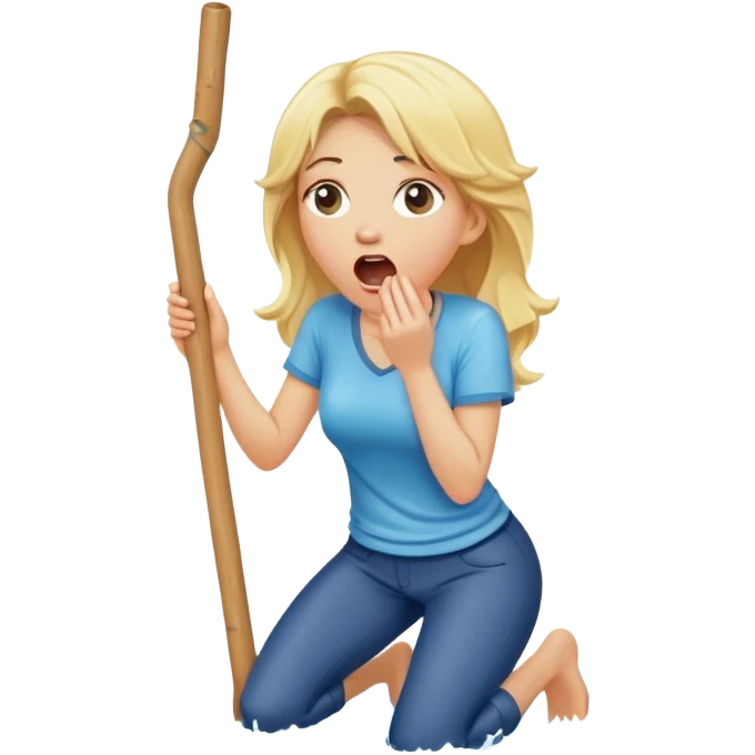 simple blond woman kneeling, surprised, big cartoon stick with D-shaped knob emerging from hanging pants, water splash into her mouth emoji