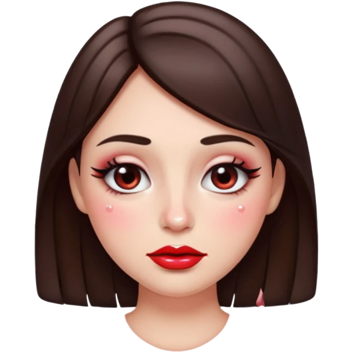“Emoji brunette girl, dewy skin, heavy blush across cheeks and nose bridge, glossy cherry lips, soft eyeliner, teary sparkling eyes emoji