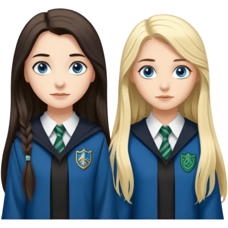 a pretty ravenclaw girl with long dark brown hair and blue eyes standing with a pretty Slytherin girl with long blonde hair, blue eyes emoji