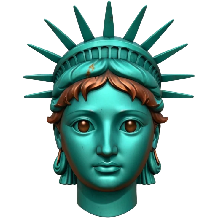 3D render of Statue of Liberty Head, heavily oxidized copper texture, verdigris patina, Classic teal copper texture, weathered bronze aesthetic, ancient decay, Apple emoji style, isolated on white background --v 6.0. emoji