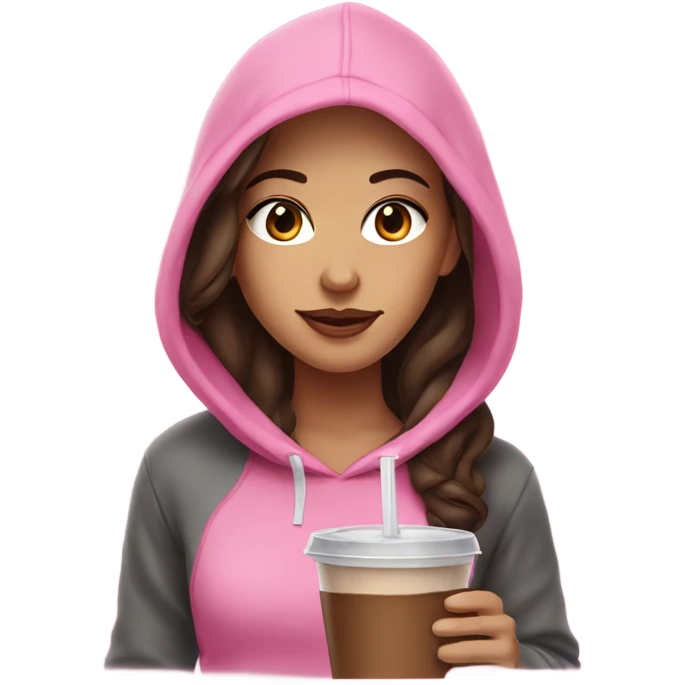 white girl with dark brown hair in a pink hoodie with iced coffee emoji