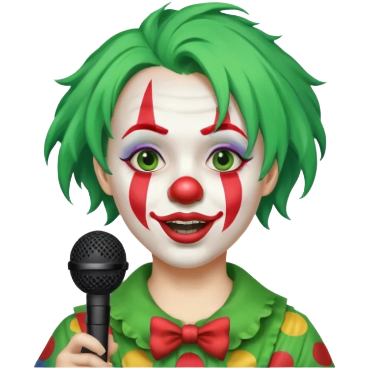 green haired, clown face painted, holding microphone, singing emoji
