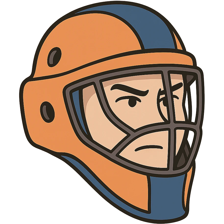 stylized field hockey goalie helmet, orange base with royal blue details, minimal design, flat illustration style emoji