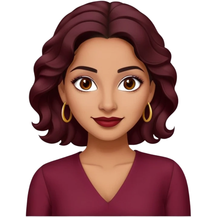 Puerto Rican actress Lynette Torres, woman with warm brown skin, attractive elegant features, expressive dark eyes, well-defined eyebrows, straight nose, friendly smile, long dark wavy hair, wearing a fashionable burgundy top emoji