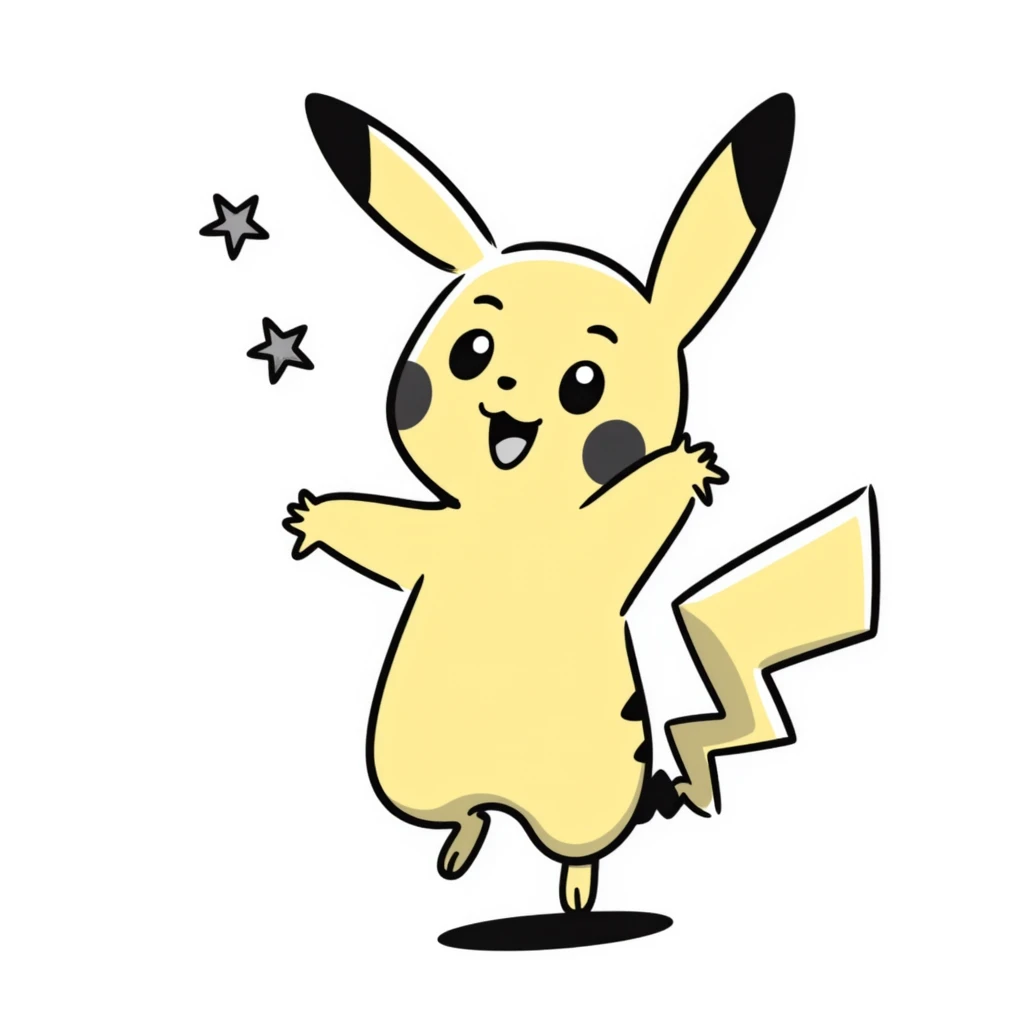 cute Pikachu Pokémon jumping with excitement with little stars around, doodle style emoji