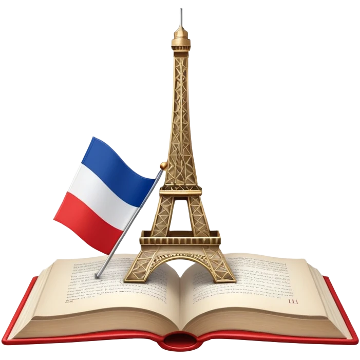 An icon featuring the flag of France, symbolizing the French language. The design includes an open book and the Eiffel Tower behind, representing language learning and cultural elegance. Transparent background highlights the beauty of French heritage. emoji