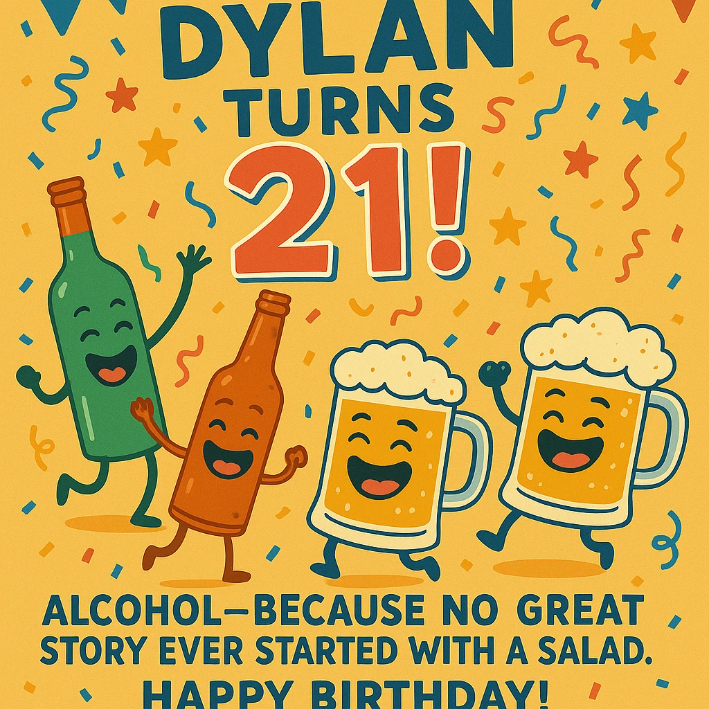 Add the funny drink quote: 'Alcohol—because no great story ever started with a salad.' Keep all original graphics and style. emoji