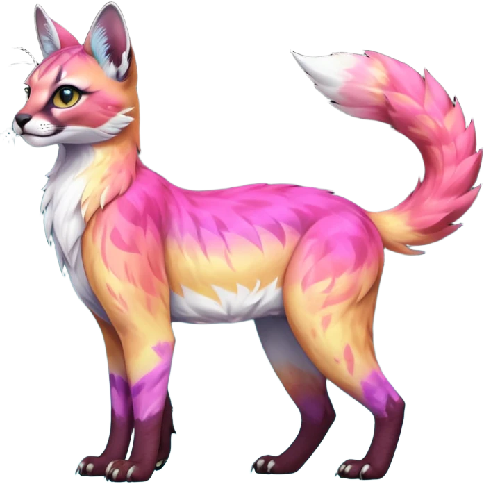 Realistic Colorful pale nebula gradients-colored randomly-colored fruity glorious exotic neon vibrant zigzagged fantasy-caracal-civet-genet-sergal-vernid-Gryphon-Cacomistle-Trico-oncilla-animal-Fakémon-hybrid-fursona (full body), facial markings, (realism style) emoji