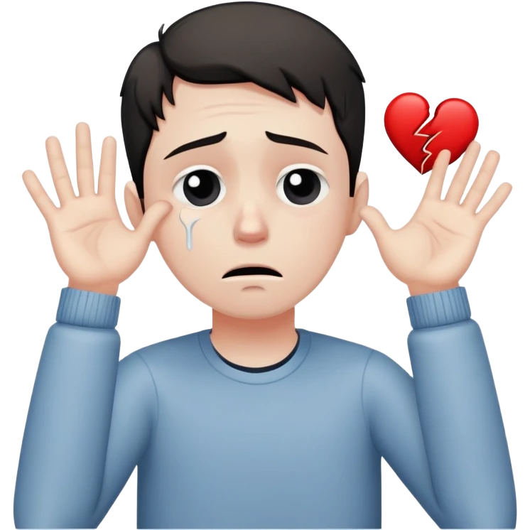 man with anxious attachment style with tears in eyes looking devastated, large broken heart symbol next to him, slumped posture showing emotional pain, hands reaching out desperately despite rejection emoji