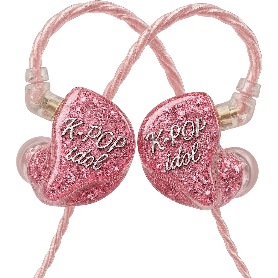 pink kpop idol stage in-ear monitors, sparkly and fashionable emoji