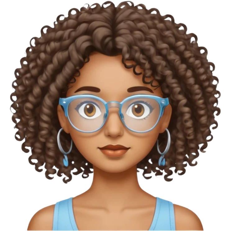 Chica morena cabello crespo con lentes transparentes y ojos cafés y blusa  de tiras color azul claro. emoji