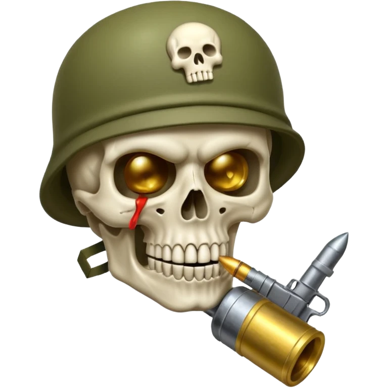 Una calavera 💀 soldado 🪖 mordiendo una bala en su boca con fondo verde  emoji